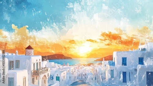 Serene Sunset over Picturesque Coastal Town Scene