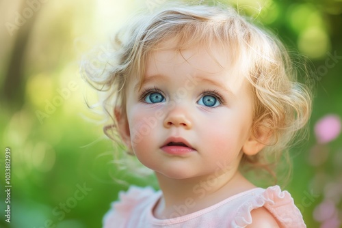 A cute baby girl with big blue eyes looking up, set in a lush garden, representing innocence and curiosity through a dreamy, charming ambiance.