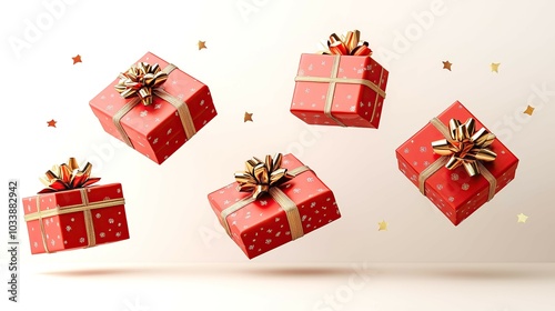 Floating red gift boxes with golden ribbons and bows, surrounded by gold star decorations, create a festive mood for holiday celebrations, depicted with vibrant colors and smooth shadows in a minimali photo