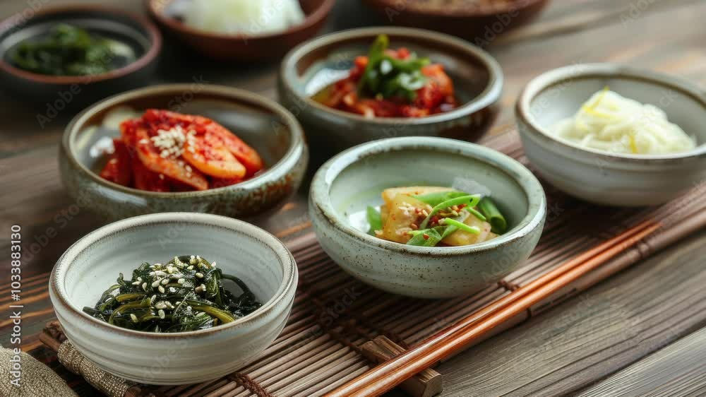 A Traditional Korean Dining Setting Featuring Beautiful Small Dishes, Perfect for Cultural Events, Food Blogs or Culinary Content. A Traditional Korean Dining Setting Featuring Beautiful Small Dishes, Perfect for Cultural Events, Food Blogs or Culinary Content.