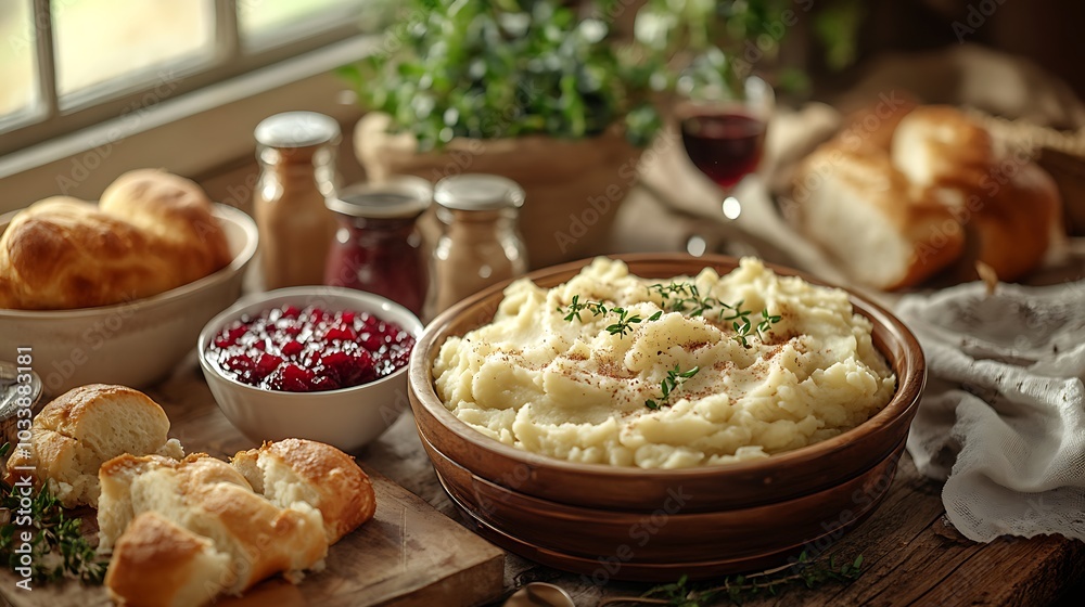 A rustic Thanksgiving table with mashed potatoes, stuffing, cranberry sauce, and rolls, styled with warm fall decorations. Soft natural light from the side creates a golden glow over the food, A rustic Thanksgiving table with mashed potatoes, stuffing, cranberry sauce, and rolls, styled with warm fall decorations. Soft natural light from the side creates a golden glow over the food,