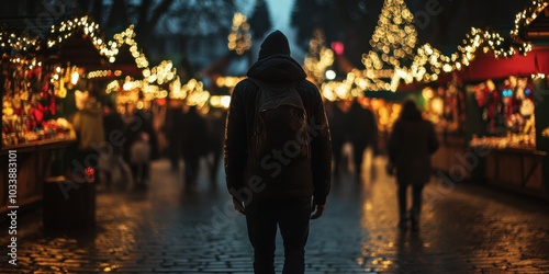 A person walking through a festive Christmas market, surrounded by happy couples and families