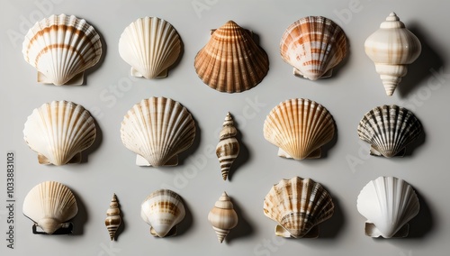 Collection of Diverse Sea Shells Displayed in Rows, Featuring Various Shapes, Sizes, and Colors, Including Conical, Spiral, and Fan-Shaped Shells, Perfect for Nature, Marine Life, and Beach-Themed Pro