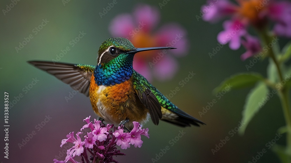 Fototapeta premium Goldentailed Sapphire Hummingbird Perched on Verbena Flower with Tail Feathers Displayed