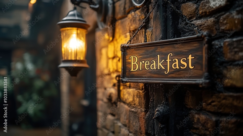Old-fashioned rustic breakfast signboard hanging on textured brick wall next to a warm, glowing lantern, evoking a cozy and inviting atmosphere Old-fashioned rustic breakfast signboard hanging on textured brick wall next to a warm, glowing lantern, evoking a cozy and inviting atmosphere
