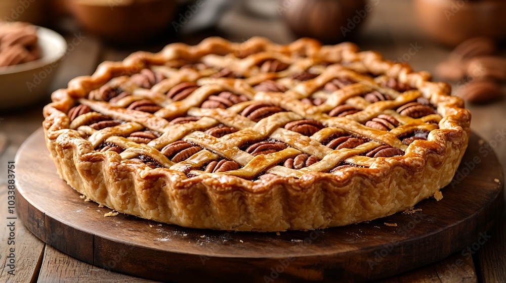 A side view of a freshly baked pecan pie with a golden lattice crust, placed on a rustic wooden board. The rich texture of the pecans is enhanced by soft natural lighting, creating a cozy, A side view of a freshly baked pecan pie with a golden lattice crust, placed on a rustic wooden board. The rich texture of the pecans is enhanced by soft natural lighting, creating a cozy,