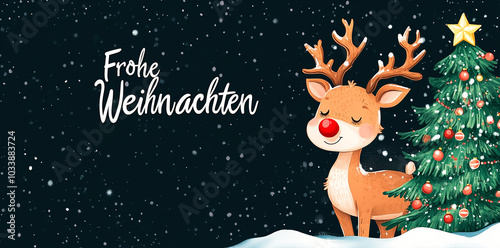 Frohe Weihnachten Grußkarte Postkarte mit deutschem Text - Rentier Rudolf Hirsch mit Geweih und roter Nase, isoliert auf schwarzem Hintergrund photo