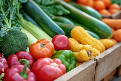 An assortment of vibrant vegetables including peppers, tomatoes, and broccoli in a rustic wooden crate, representing health, nutrition, and freshness. photo