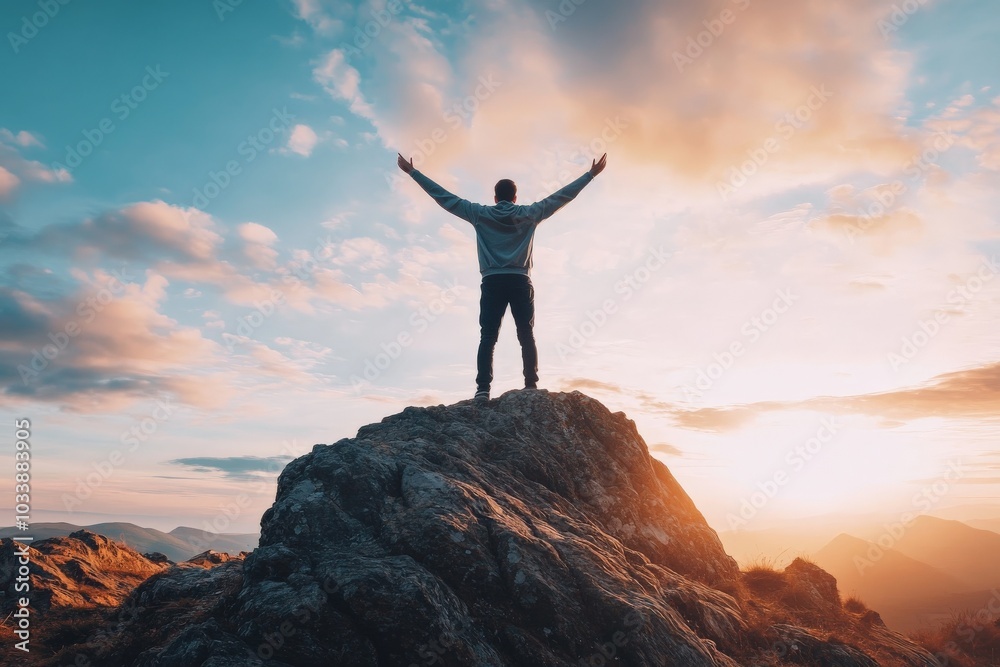 An inspiring image capturing a man standing with arms raised on a rocky mountain peak at sunrise, symbolizing achievement and triumph over challenges. An inspiring image capturing a man standing with arms raised on a rocky mountain peak at sunrise, symbolizing achievement and triumph over challenges.
