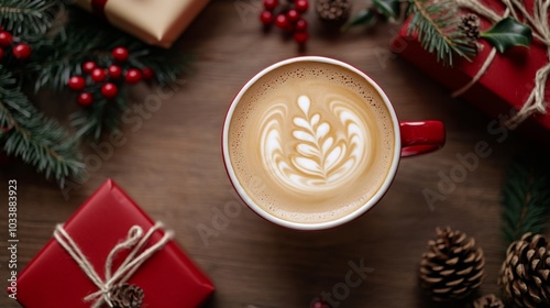 latte coffee art. Santa drawing on coffee crema. A cup of cappuccino with Christmas patterns, ai generated