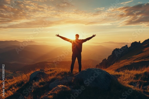 A powerful image depicting a silhouetted person standing with arms wide open against the backdrop of a breathtaking sunrise on a mountain ridge, signifying freedom. photo