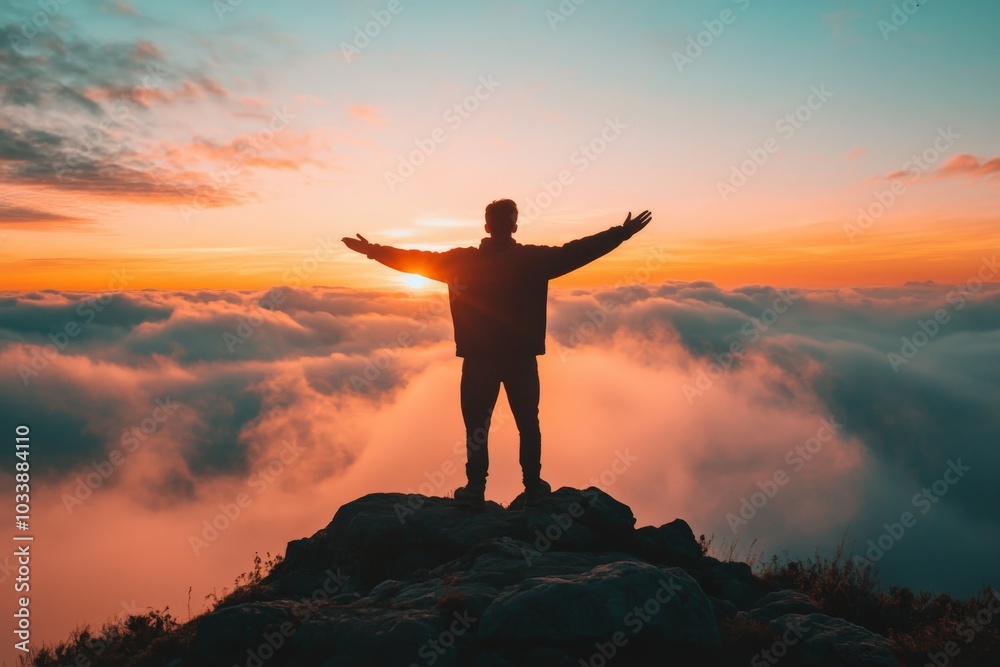 Fototapeta premium A lone silhouette of a man stands triumphantly atop a rock, enveloped in a sea of clouds during a vibrant sunset, epitomizing hope and limitless possibilities.