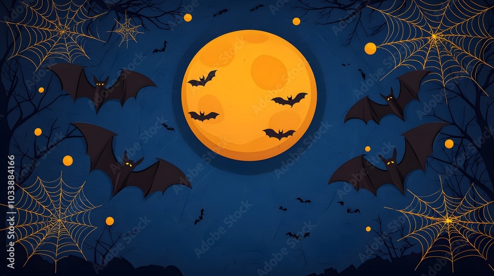 Fototapeta premium Halloween Night Sky with Full Moon, Bats, and Spider Webs - Spooky Background Illustration.