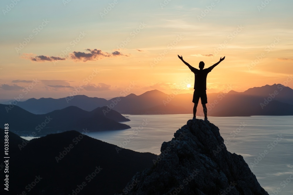 A solitary silhouette stands on a rugged mountain peak, arms lifted in exaltation as the sun sets over a serene lake, symbolizing triumph and introspection. A solitary silhouette stands on a rugged mountain peak, arms lifted in exaltation as the sun sets over a serene lake, symbolizing triumph and introspection.