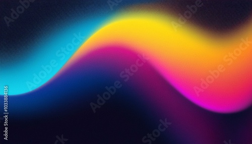 Grainy gradient background blue pink yellow abstract glowing color wave black dark backdrop noise texture banner poster header design 80ies photo