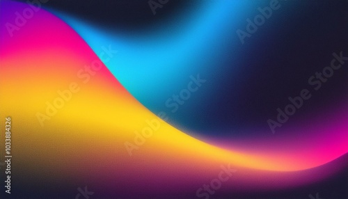 Grainy gradient background blue pink yellow abstract glowing color wave black dark backdrop noise texture banner poster header design 80ies photo