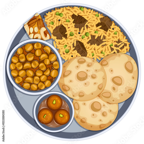 Chole Bhature with Beef Pilaf, Gulab Jamun & Chikki in Metal Thali - Authentic Indian Cuisine Top View Illustration 