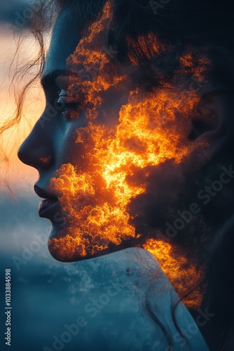 A woman's face is distorted by fire, creating a surreal and dramatic effect