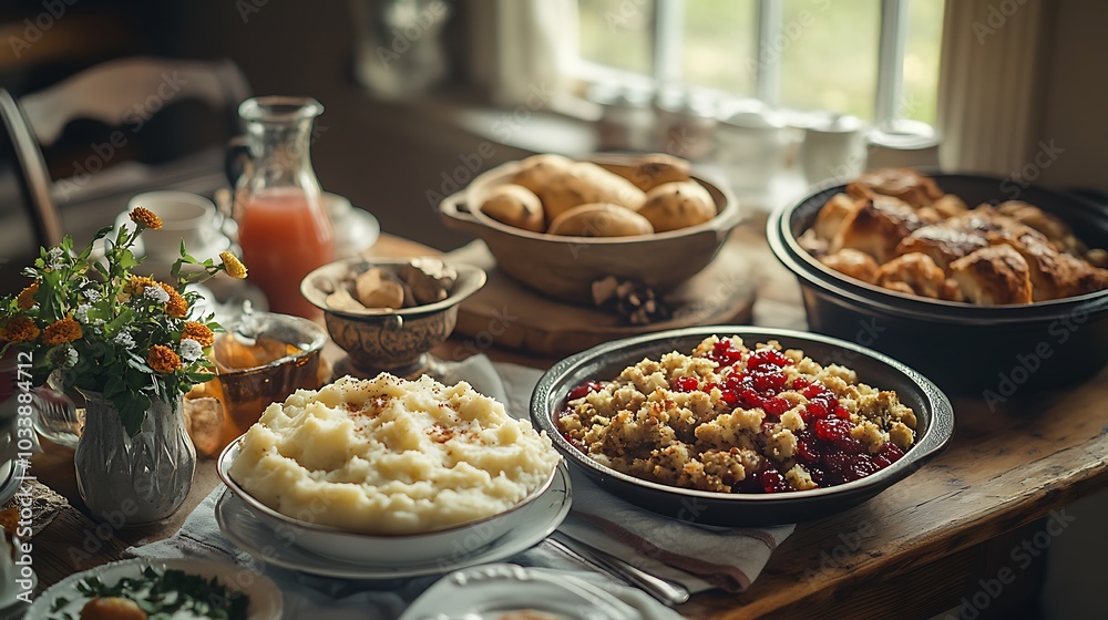 A table spread with traditional Thanksgiving dishes like mashed potatoes, stuffing, and cranberry sauce, styled beautifully with rustic fall décor. A table spread with traditional Thanksgiving dishes like mashed potatoes, stuffing, and cranberry sauce, styled beautifully with rustic fall décor.