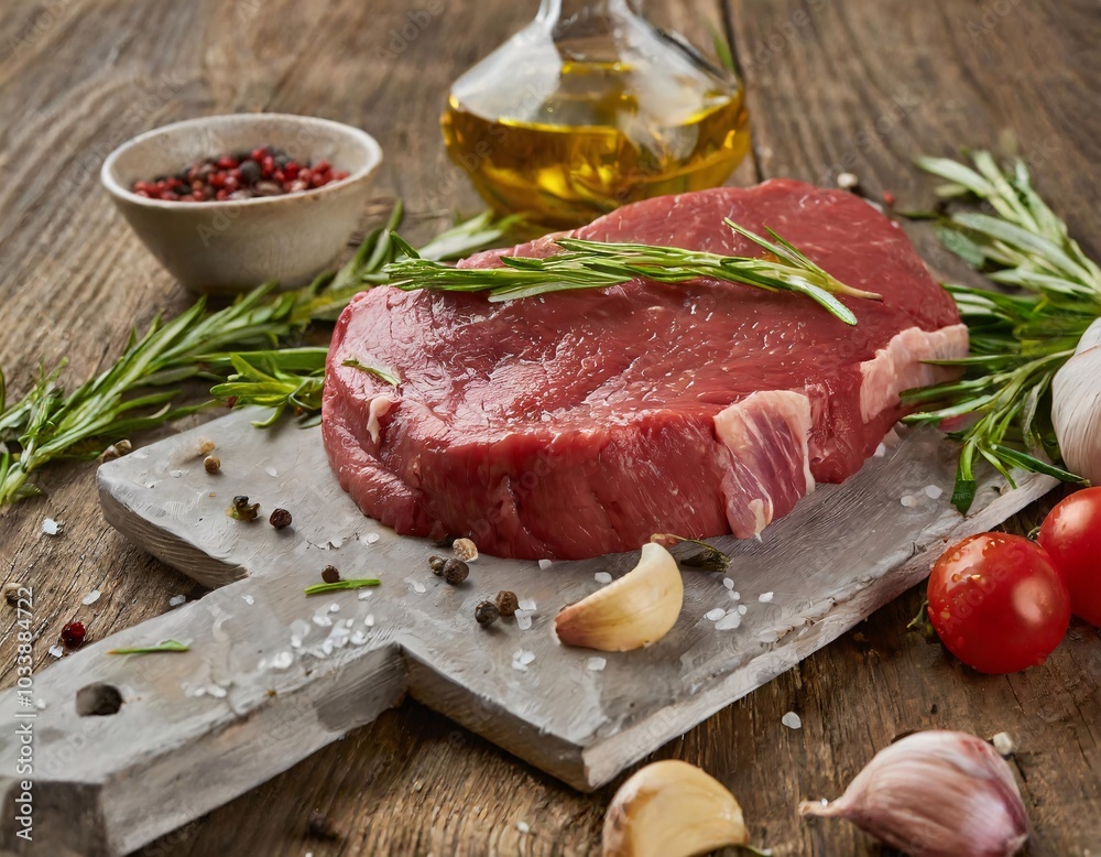 The composition of raw meat for steak is served with various ingredients, including spices The composition of raw meat for steak is served with various ingredients, including spices