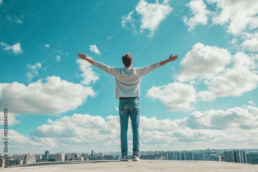 A person joyfully stands with arms spread wide against a city skyline backdrop under a vibrant blue sky filled with fluffy clouds, expressing openness and urban freedom. A person joyfully stands with arms spread wide against a city skyline backdrop under a vibrant blue sky filled with fluffy clouds, expressing openness and urban freedom.