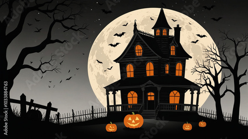 Minimalist Halloween background with a haunted house silhouette, a ghost, and pumpkins, using a clean color palette of black, white, and orange. photo