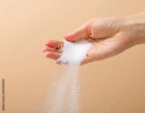 Woman's hand pours powdered detergent from a container, on a simple beige background.