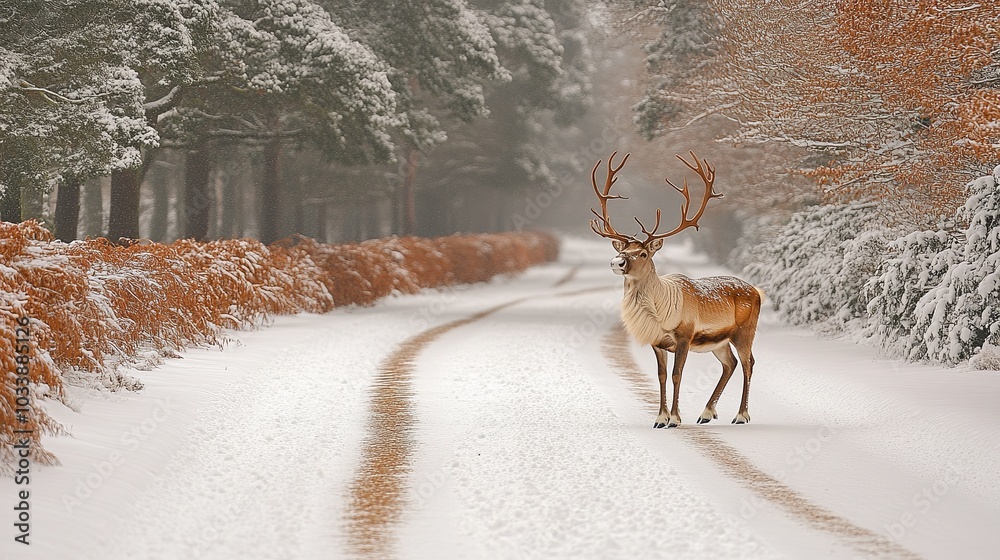 Serene Winter Scene with Reindeer in Snowy Landscape Serene Winter Scene with Reindeer in Snowy Landscape