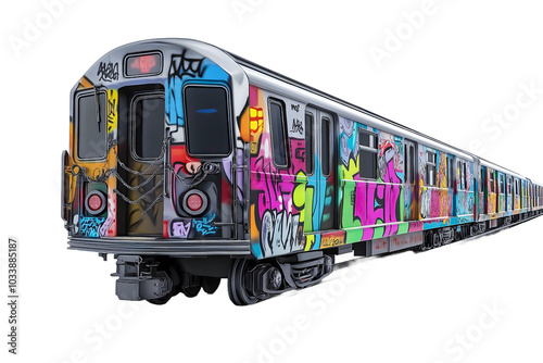 A subway train with graffiti on the side placed against a wall, transparent