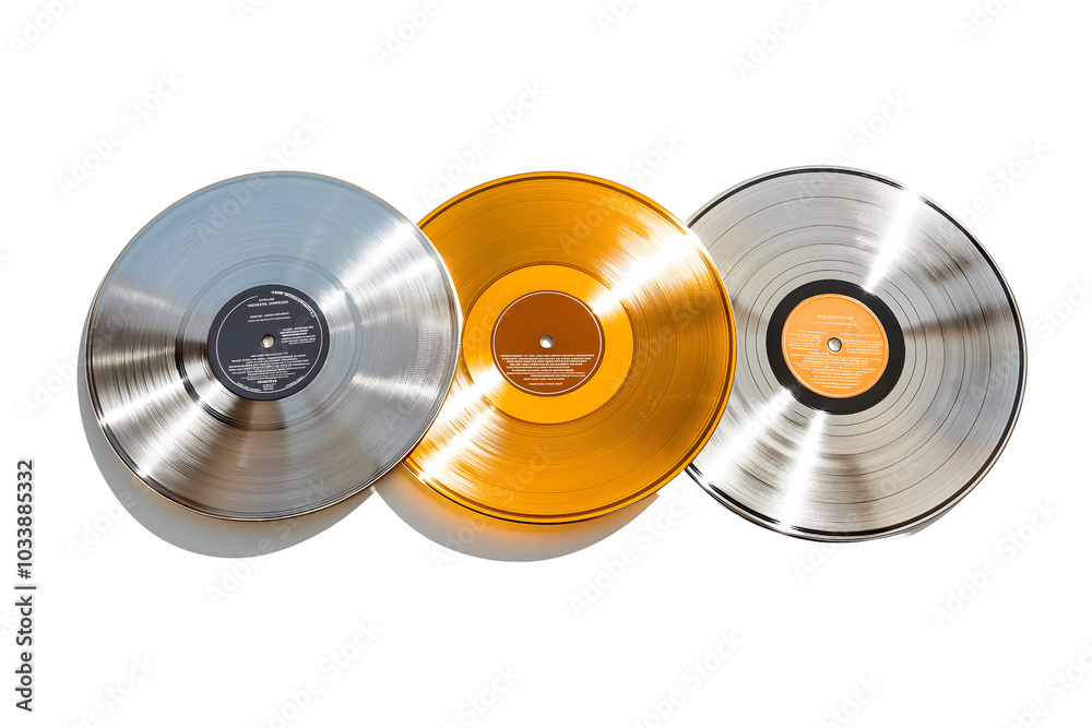 A trio of vinyl records in metallic silver, gold, and bronze A trio of vinyl records in metallic silver, gold, and bronze