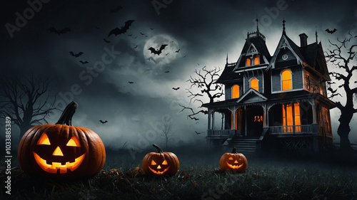 Minimalist Halloween background with a haunted house silhouette, a ghost, and pumpkins, using a clean color palette of black, white, and orange.