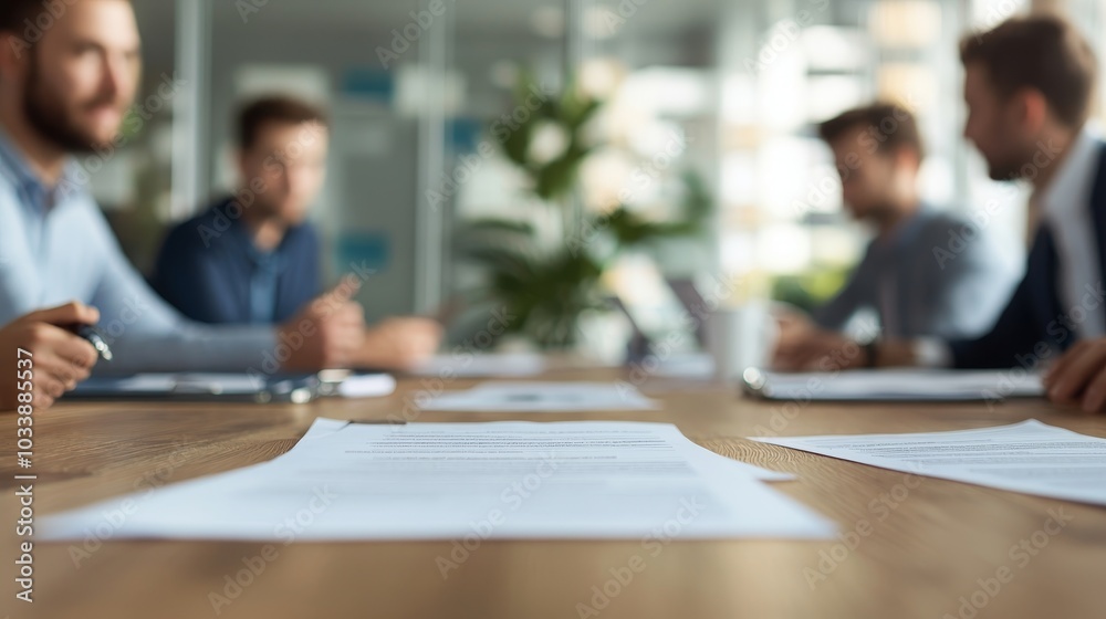 Focused business meeting with documents on table, blurred colleagues in background. Focused business meeting with documents on table, blurred colleagues in background.