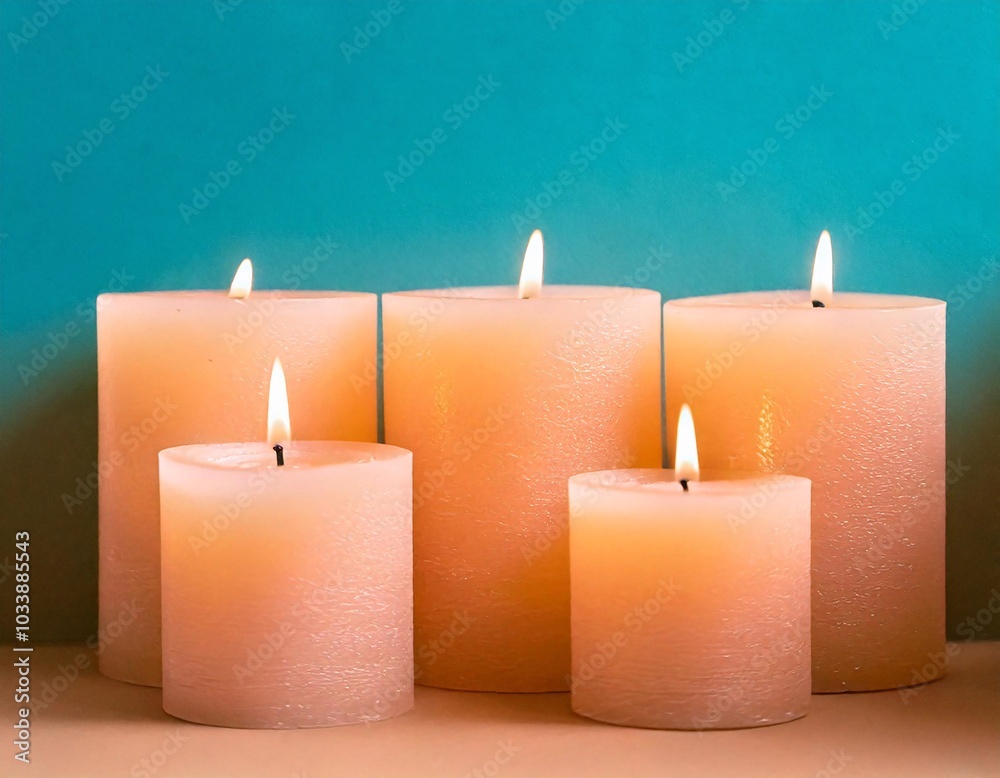 Group of burning candles on a calming blue background Group of burning candles on a calming blue background