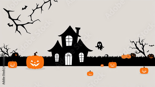 Minimalist Halloween background with a haunted house silhouette, a ghost, and pumpkins, using a clean color palette of black, white, and orange. photo