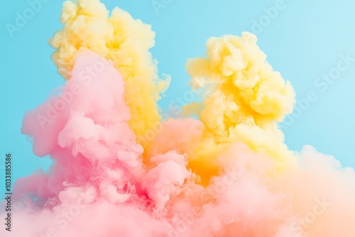 Bright yellow and pink clouds of smoke rise energetically against a vibrant blue setting, merging vivid colors with dynamic movement, creating a lively scene. photo