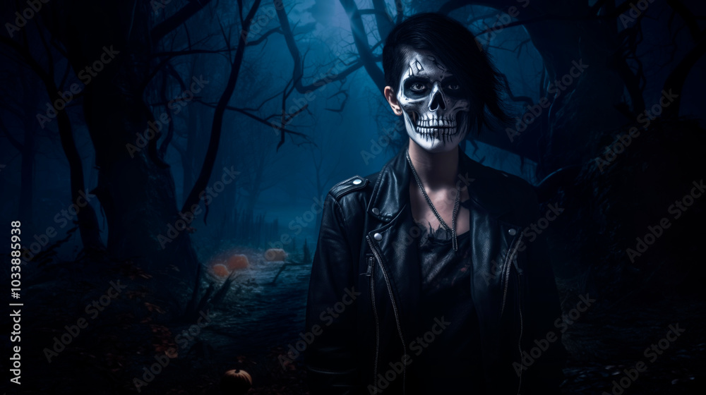 Woman with skull make up standing over dark foggy forest path way, Scary night forest, Halloween mystery concept Woman with skull make up standing over dark foggy forest path way, Scary night forest, Halloween mystery concept