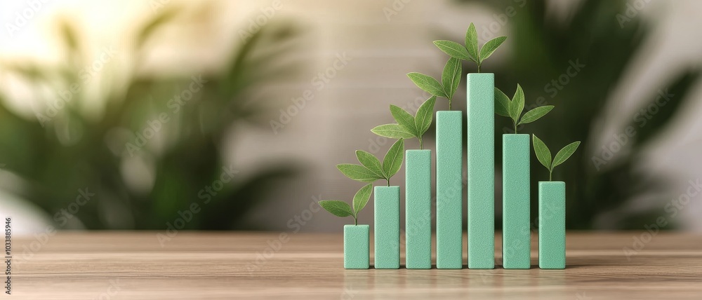 Green growth bar chart with plants on a wooden table, nature and finance concept Green growth bar chart with plants on a wooden table, nature and finance concept