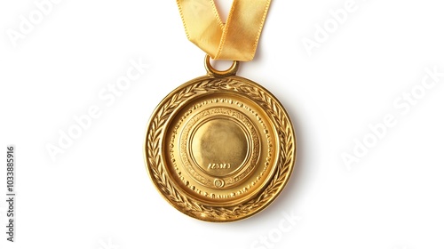 Gold medal on white background, top view. Space for design. 