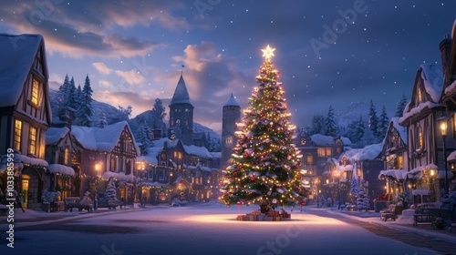 A decorated Christmas tree glowing warmly in the center of a snow-covered small town square at dusk, with lights illuminating the surrounding buildings.