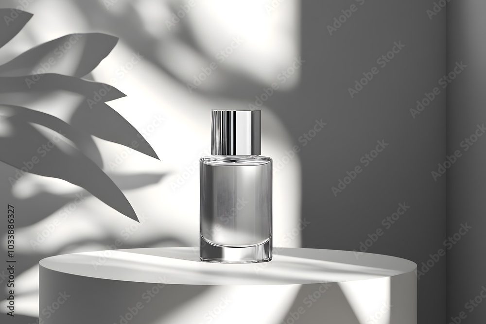 A clear perfume bottle on a pedestal, illuminated by soft shadows and light. A clear perfume bottle on a pedestal, illuminated by soft shadows and light.