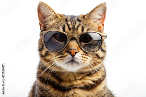 Adorable cat with sunglasses, isolated on white background