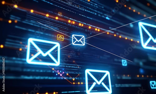 Inexplicable virtual tabletop, close-up of icons floating above in the air showing an email network connection between multiple people on a digital screen,