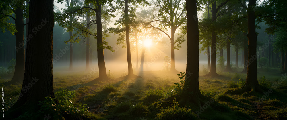 Obraz premium Sunlight shining through misty forest trees at sunrise, nature conservation
