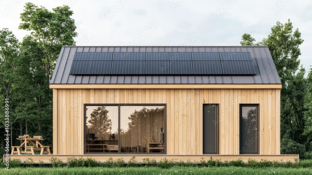 Modern wooden house with solar panels surrounded by greenery. Modern wooden house with solar panels surrounded by greenery.