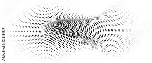 Flowing Wave Dot Halftone Pattern: Curve Gradient Shape on Transparent Background. Suitable for AI, Tech, Network, Digital, Science, and Technology Themes.