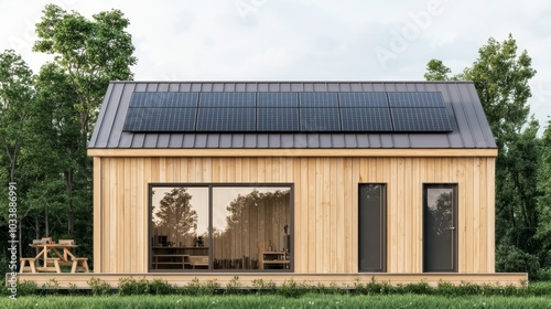 Modern wooden house with solar panels surrounded by greenery.