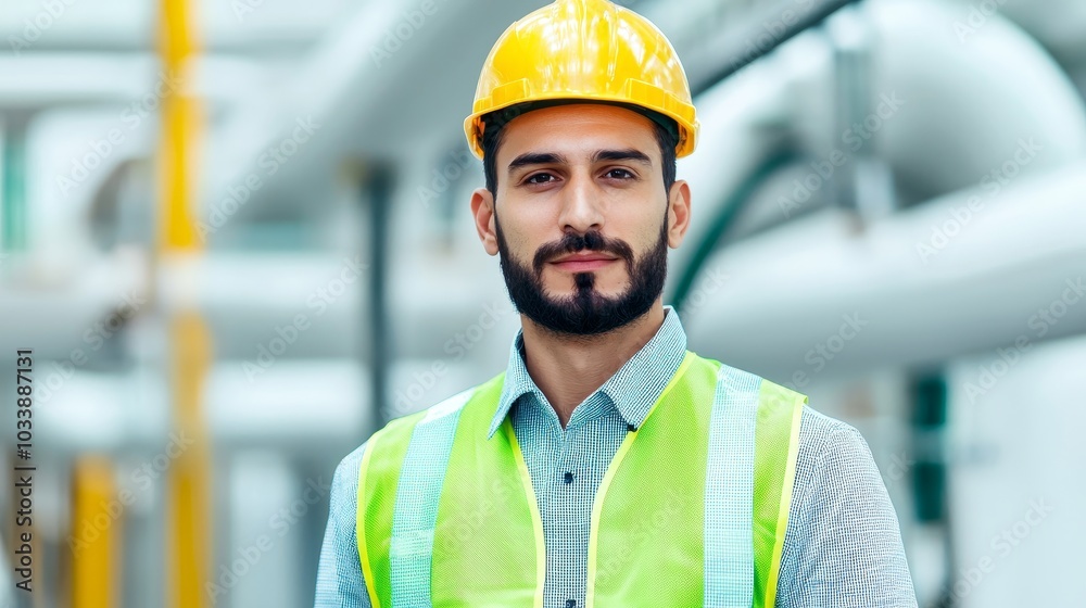 Portrait of a confident worker wearing safety gear and hard hat in a industrial setting. Portrait of a confident worker wearing safety gear and hard hat in a industrial setting.