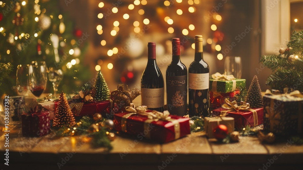 A festive dining room table covered in Christmas decorations, including wine bottles, glowing string lights, small Christmas trees, and gift boxes. A festive dining room table covered in Christmas decorations, including wine bottles, glowing string lights, small Christmas trees, and gift boxes.