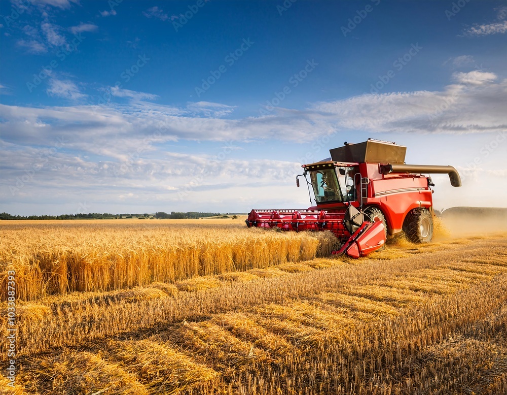 Obraz premium red harvester (combine harvester) operating in a large barley field. generative ai