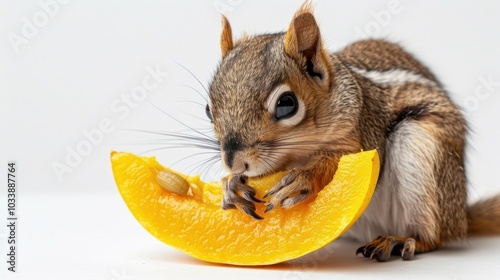 Closeup of an adorable gray squirrel nibbling and enjoying a juicy orange slice on a clean white background  The squirrel s sharp teeth furry body photo